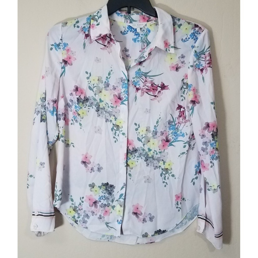 TED BAKER Sheer Blouse Long Sleeve Floral Flower‎ Print Shirt Top Stripes size 3